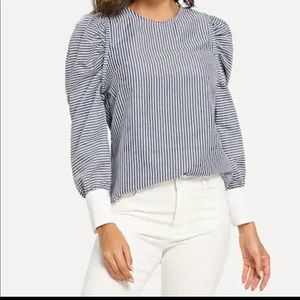 Blue and White Vertical Stripe Puff Sleeve Blouse